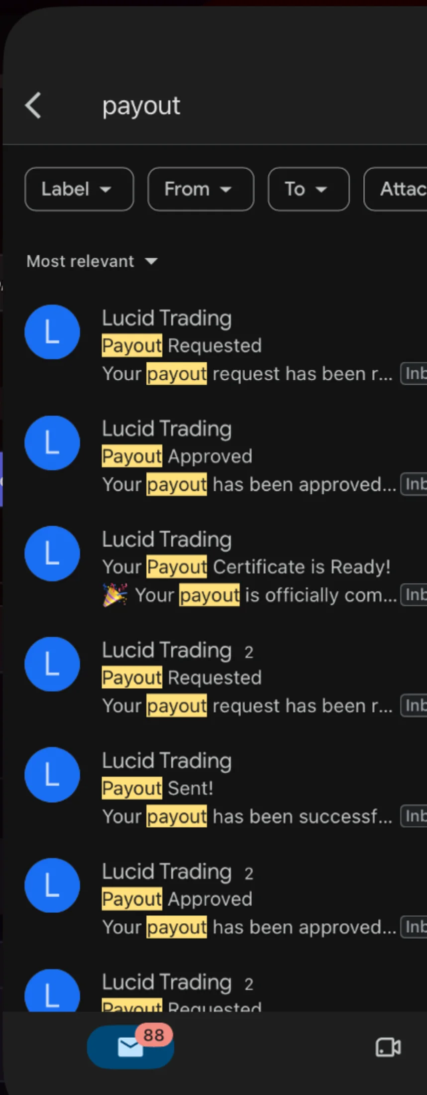 A mail search for the word payout, showing seven messages from a proprietary trading firm: payout requested, payout approved, payout certificate ready, and payout sent.
