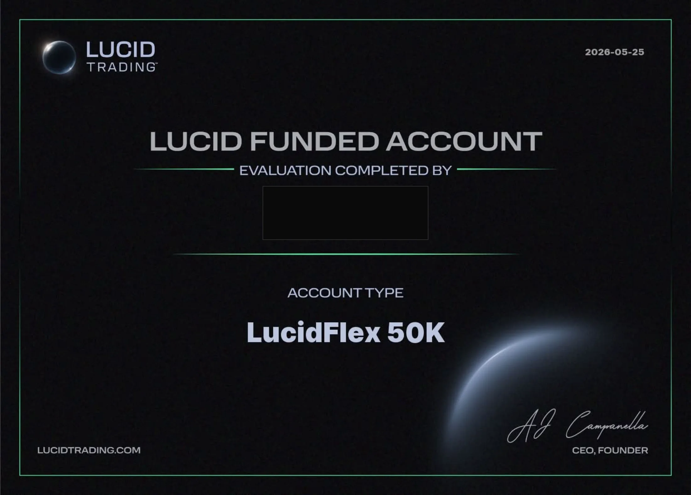 A funded account certificate from a proprietary trading firm, dated 25 May 2026, for a fifty thousand dollar account. The name of the trader is covered by a black block.